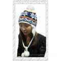 Новый зимний жаккард Lady Earflap Knitted Hat with Balls (1-3509)